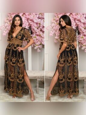 Cloud Ten Embroidered Mesh Maxi Dress Black Multicolor Floral Size M